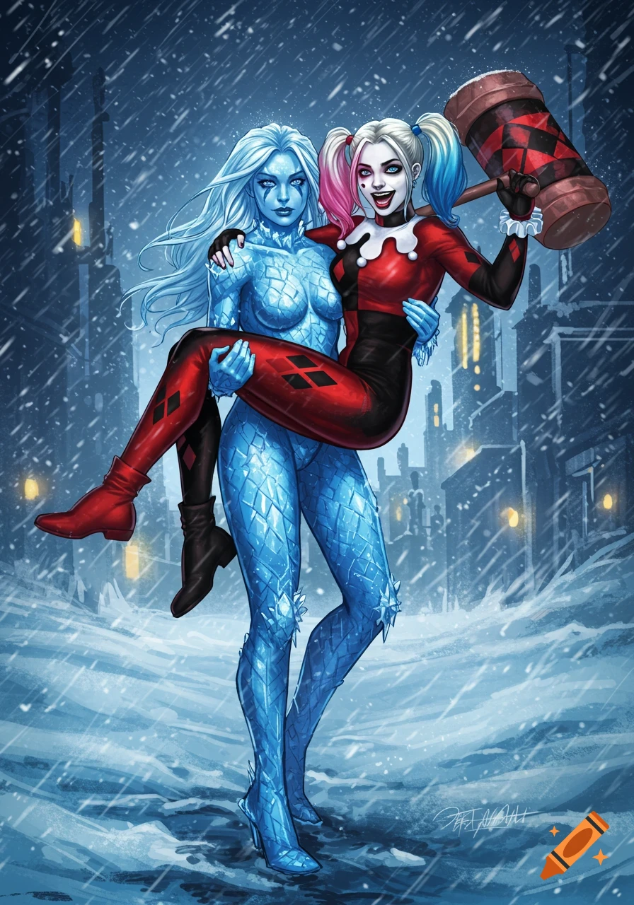 Killer Frost carries Harley Quinn through a snowy cityscape in a colorful comic book illustration.