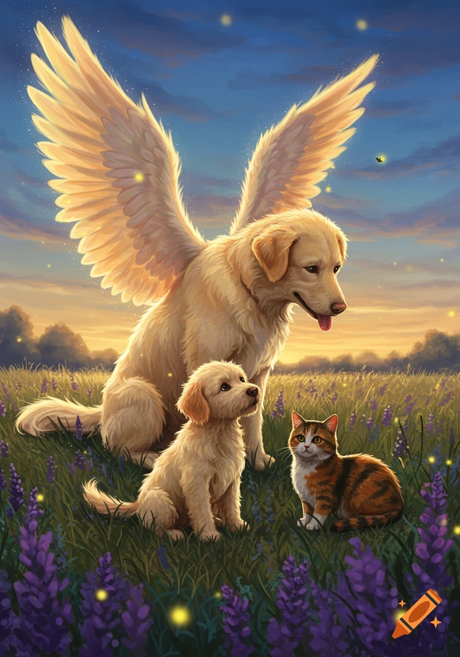 A large golden retriever with golden angel wings sits in a lavender field with a small golden retriever puppy and a calico cat.