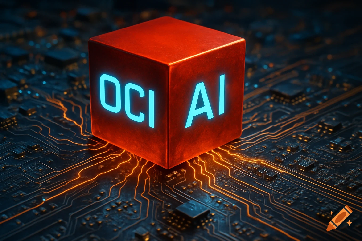 A glowing red cube with 'OCI' and 'AI' in blue text sits on a dark motherboard with glowing orange circuit traces.