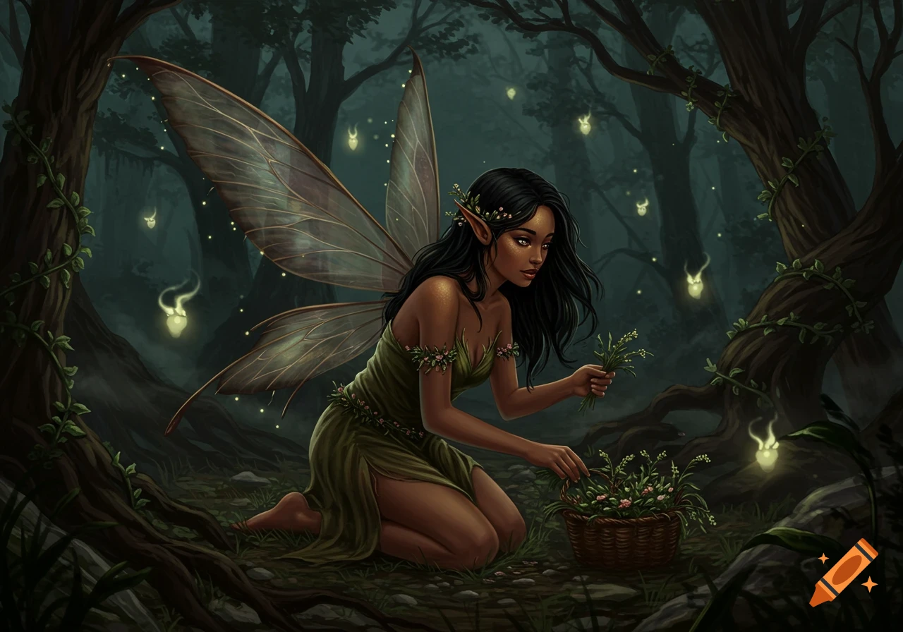 A fairy maiden with black hair and brown skin kneels in a dark forest, gathering herbs into a basket, with glowing spirits around her.