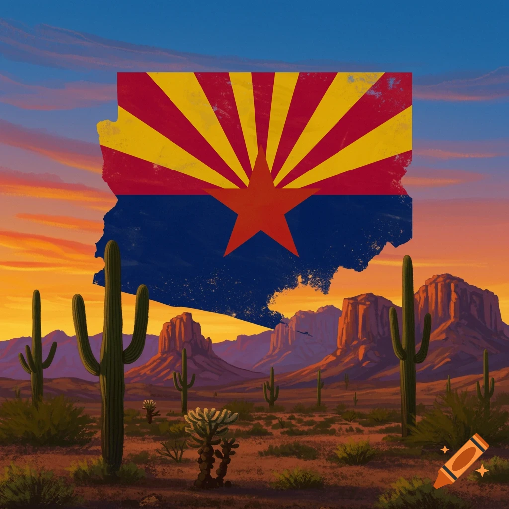The Arizona state flag superimposed over a vibrant desert landscape at sunset, featuring saguaro cacti and mountains.