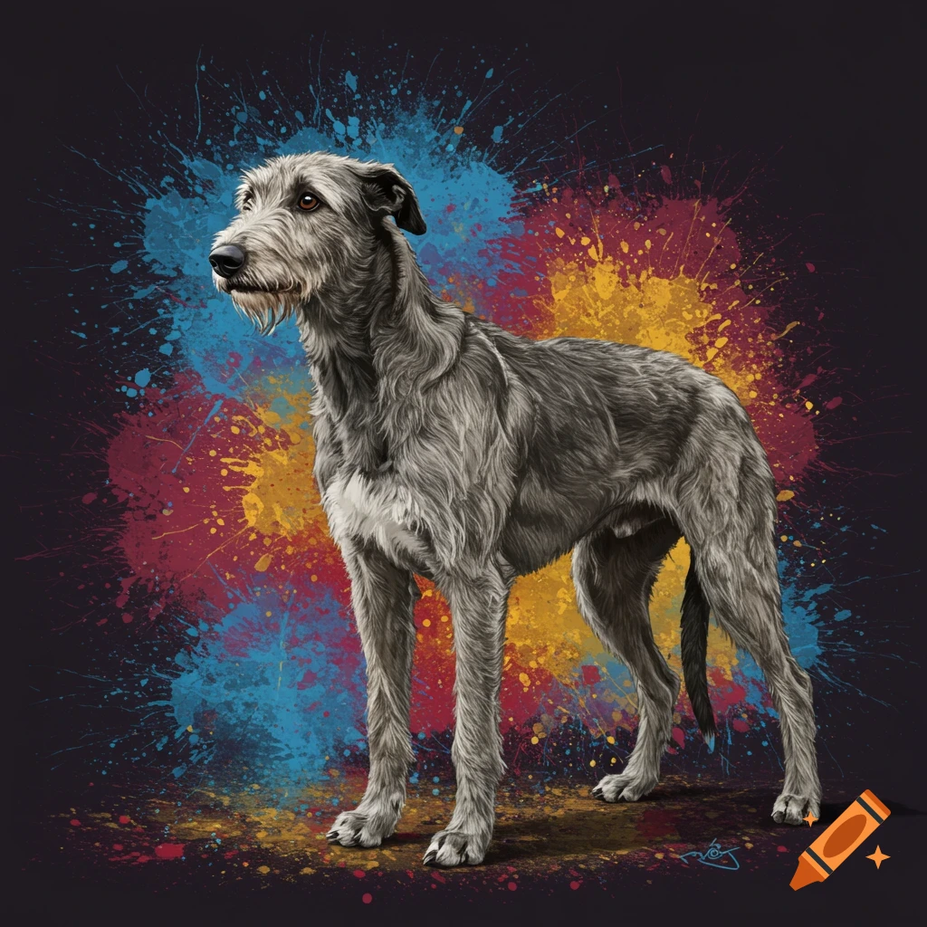 A Scottish Deerhound stands against a dark background with vibrant blue, red, and yellow paint splatters.