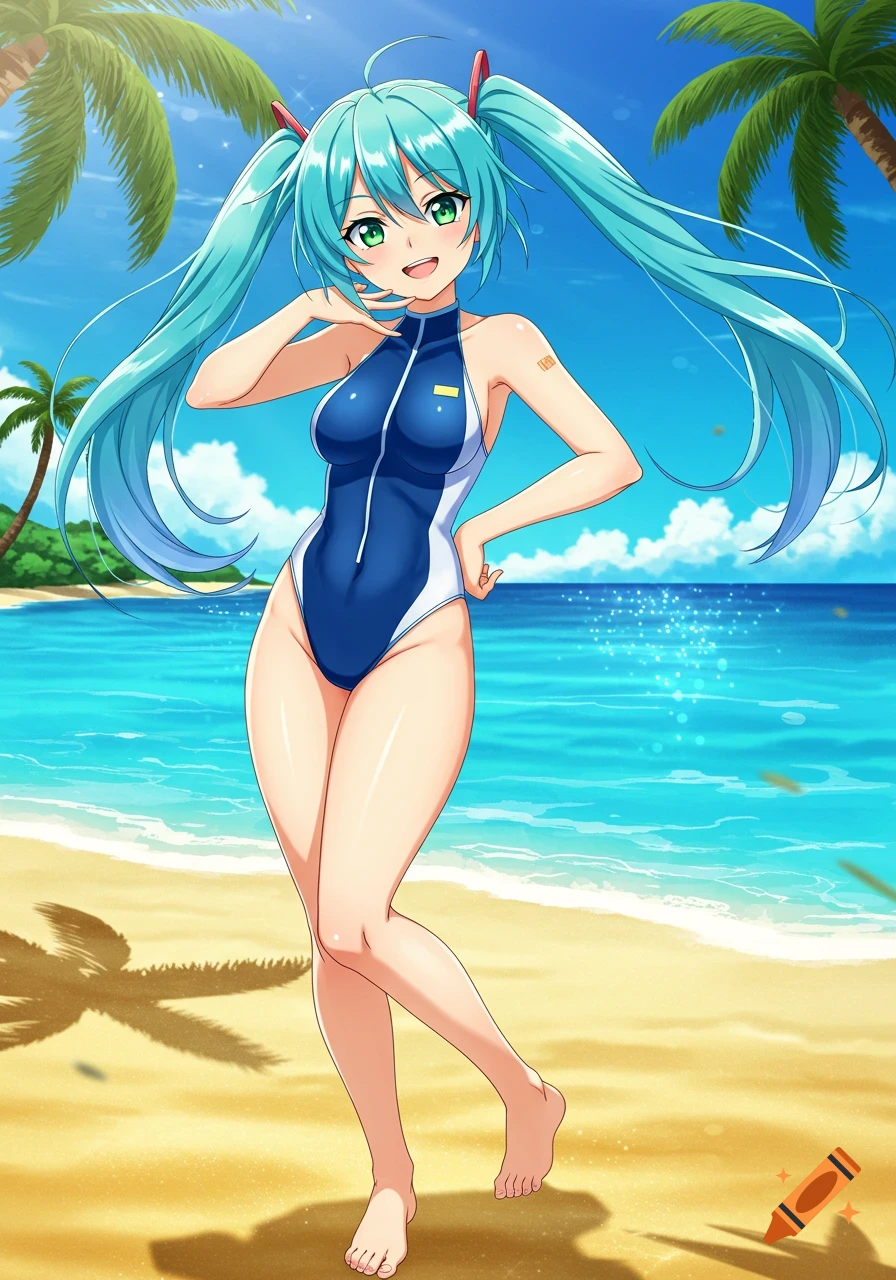 An anime girl with long teal pigtails and green eyes wearing a blue and white swimsuit stands on a sunny beach.