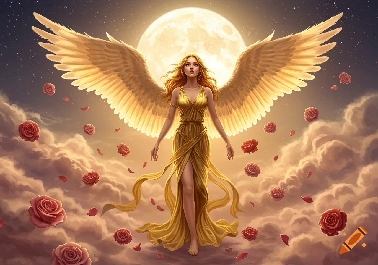 A beautiful angel in a golden dress with large wings stands on clouds, backlit by a full moon, surrounded by red roses and petals.