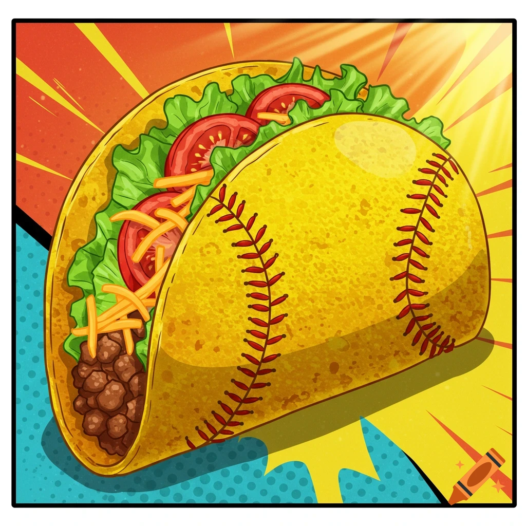 Cartoon illustration of a taco with a yellow softball-shell, filled with lettuce, tomatoes, cheese, and meat, against a pop art background.