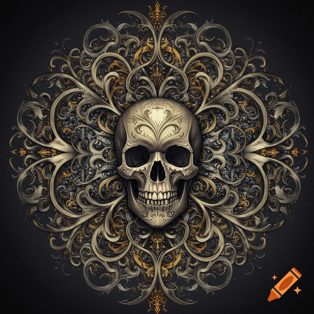 Ornate skull mandala with golden and silver filigree on a dark background.