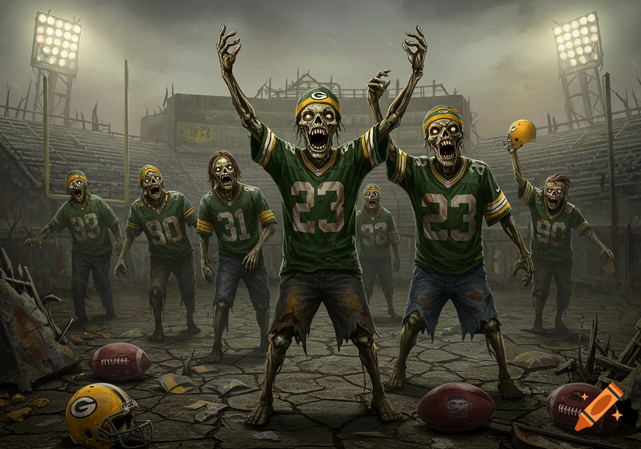 Stylized digital art of zombies in Green Bay Packers jerseys celebrating in a ruined football stadium.