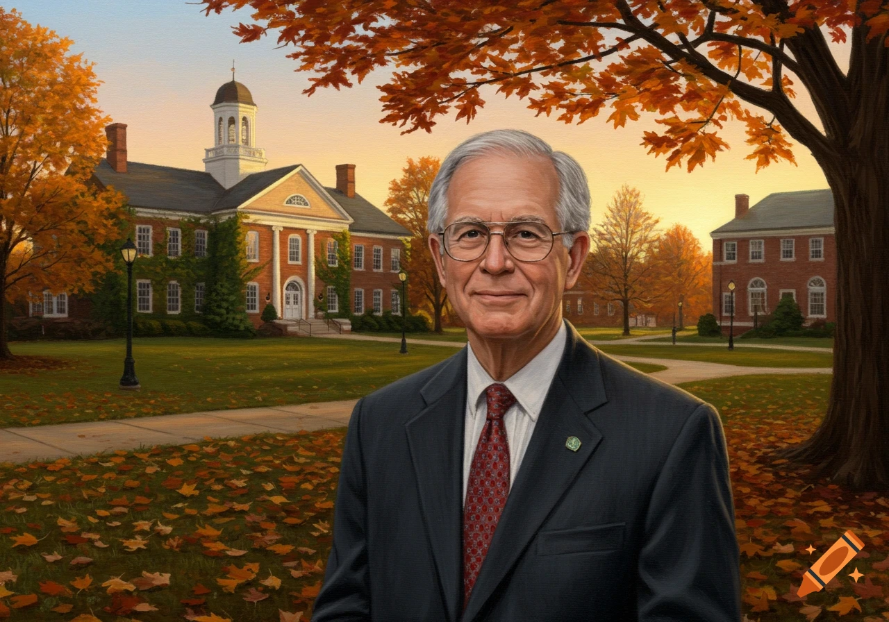 A grey-haired man in a suit stands in front of a brick university building with a cupola, surrounded by autumn trees and fallen leaves.
