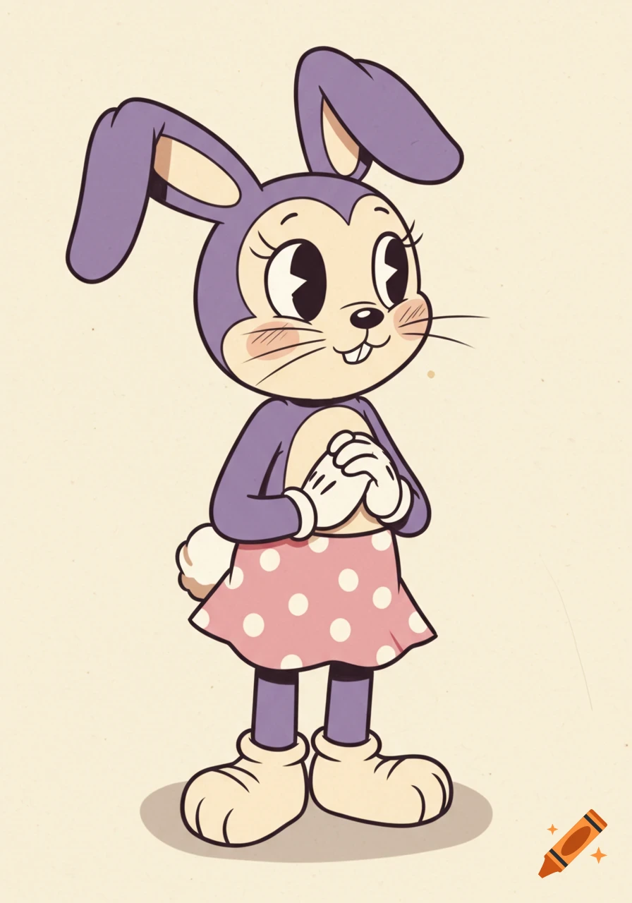 A purple rubberhose cartoon bunny wearing a pink polka dot skirt, with hands clasped bashfully and eyes glancing shyly.
