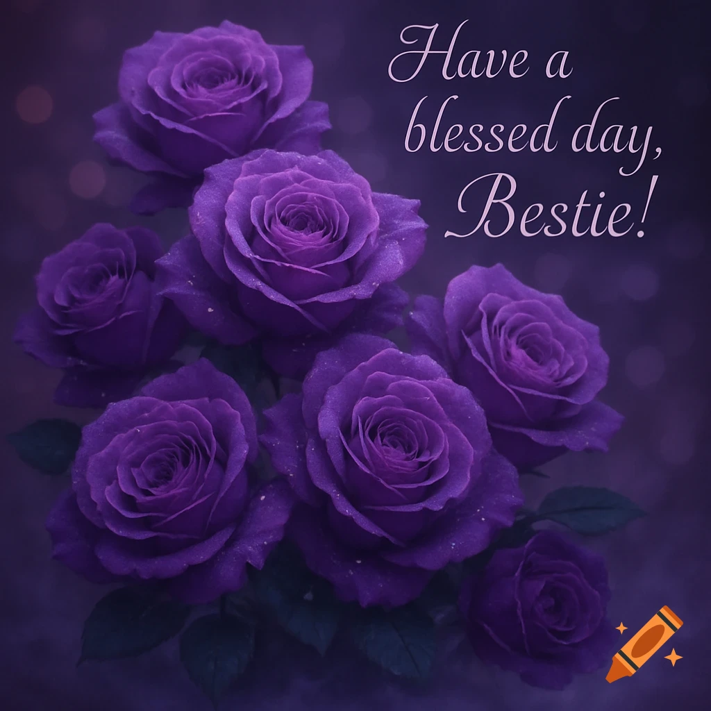 Close-up of vibrant purple roses with water droplets and text 'Have a blessed day, Bestie!'
