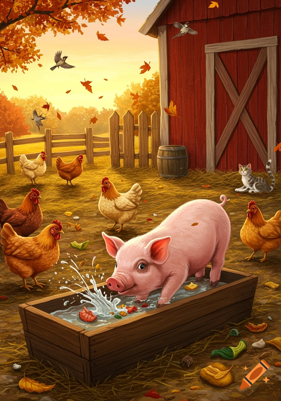 A pink pig splashes water in a wooden trough on a farm, surrounded by chickens and a cat, with autumn leaves falling.