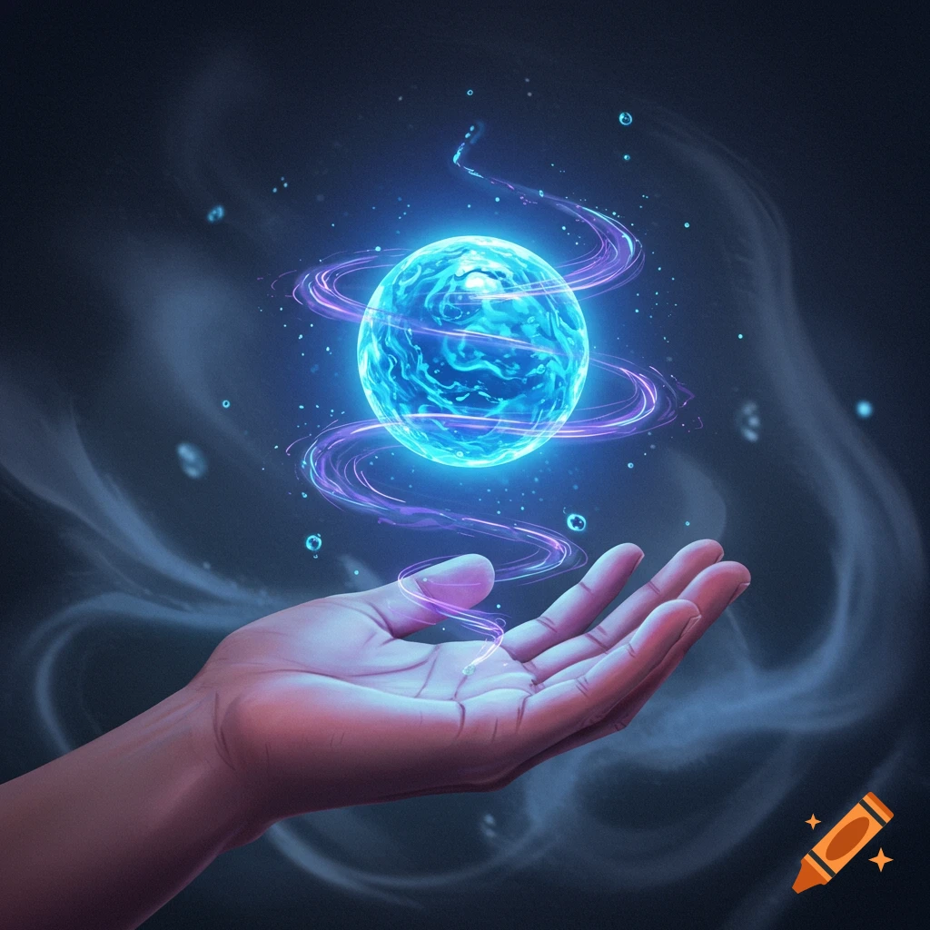 A hand holding a glowing blue orb surrounded by purple energy swirls against a dark, smoky background.