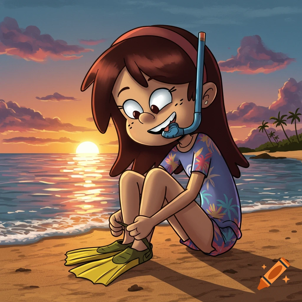Cartoon girl Sid Chang sitting on a beach at sunset, putting on yellow flippers and wearing a snorkel mask.