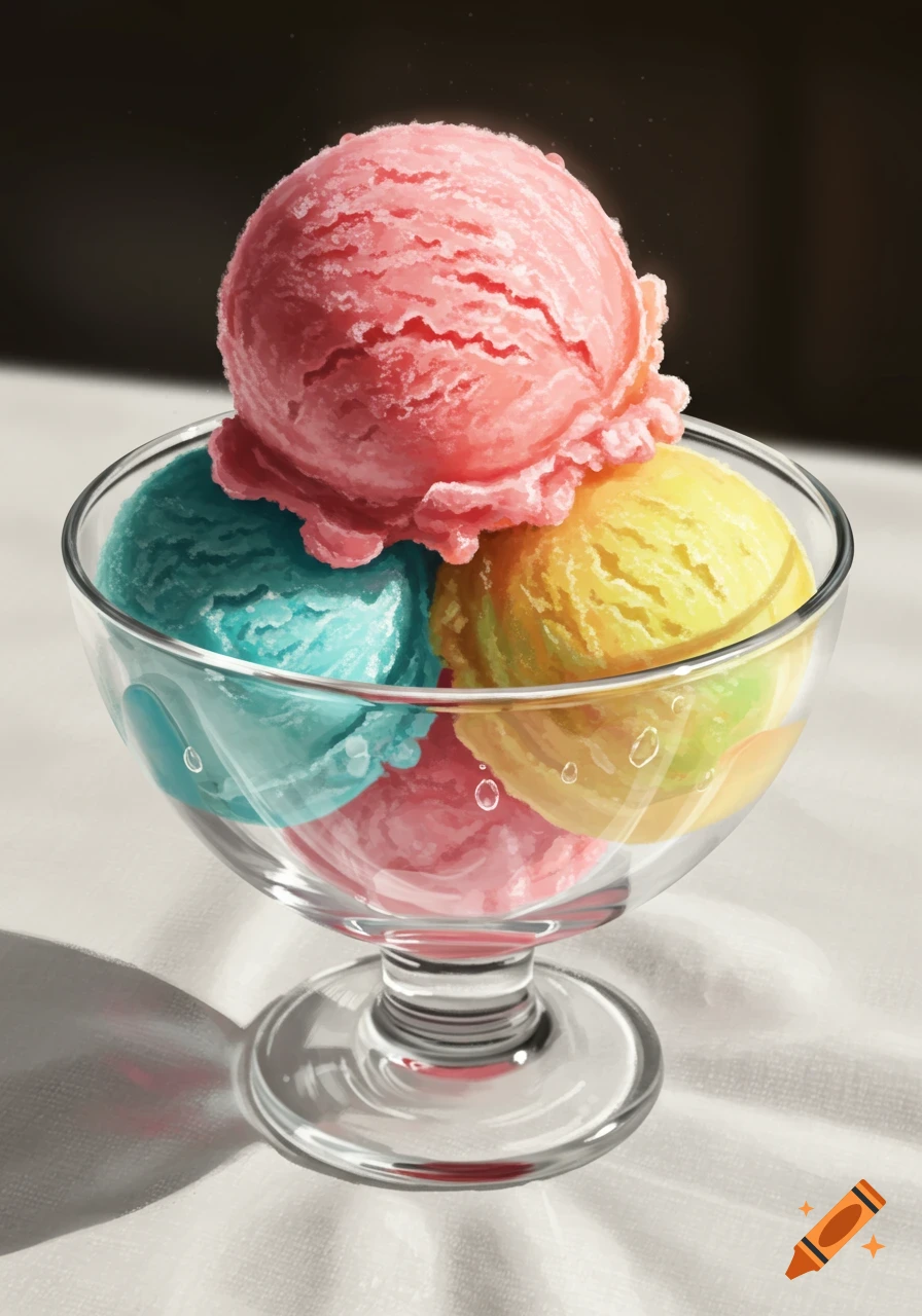 A glass bowl filled with colorful scoops of sherbet, including pink, blue, and yellow, on a light tablecloth.