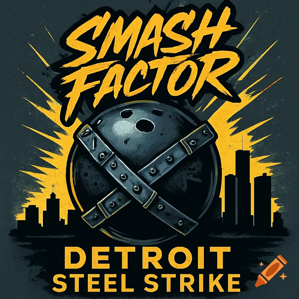 A bold, grunge-style bowling shirt design featuring a bowling ball with metal straps, a yellow explosion, and a black city skyline. Text reads "SMASH FACTOR" and "DETROIT STEEL STRIKE".