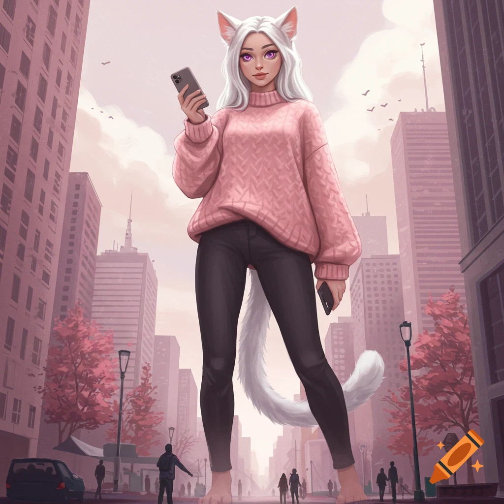 A giantess with white hair, cat ears, pink eyes, and a white cat tail, wearing a pink sweater and black pants, holding a phone in a city street.