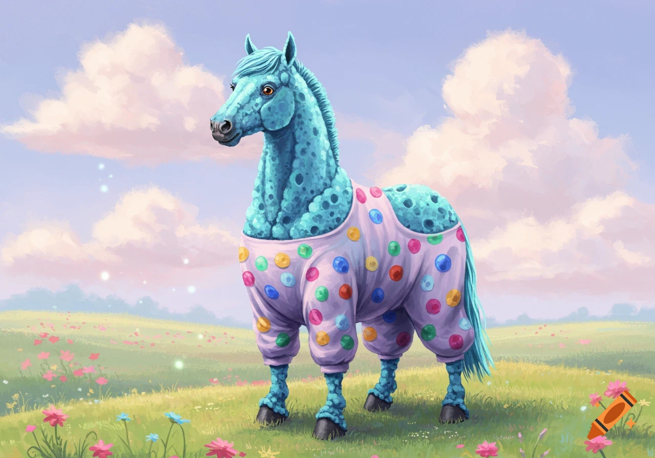 A whimsical blue sponge horse wearing colorful polka dot pants stands in a flower-filled field under a cloudy sky.