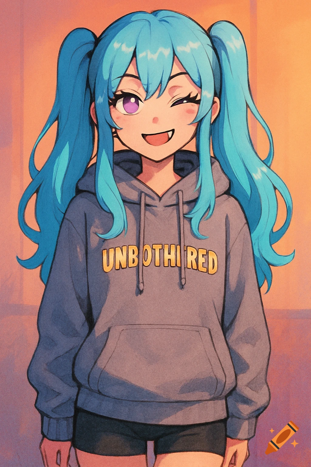 Anime girl with blue pigtails and purple eyes, winking and smiling with a fang. She wears a grey hoodie with "UNBOTH IRED" and black shorts.