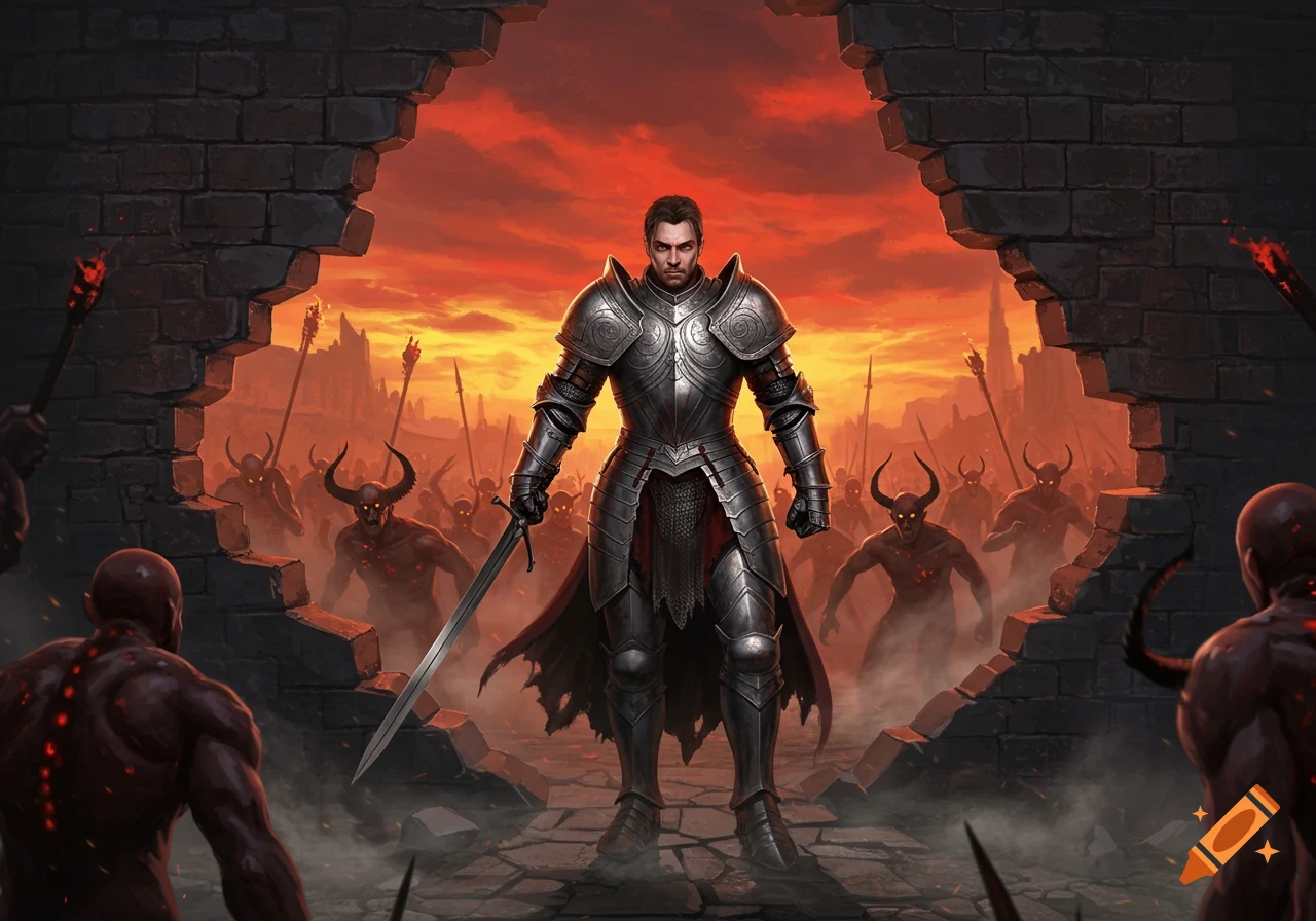 A knight in shining armor stands defiantly in a broken wall, facing an army of horned demons under a fiery red sky, in a dark fantasy illustration.