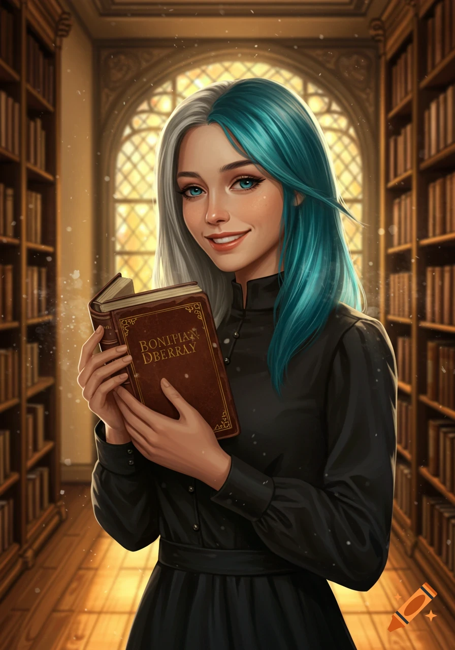 A smiling woman with half grey and half blue hair holds a book in a sunlit library. Digital art.