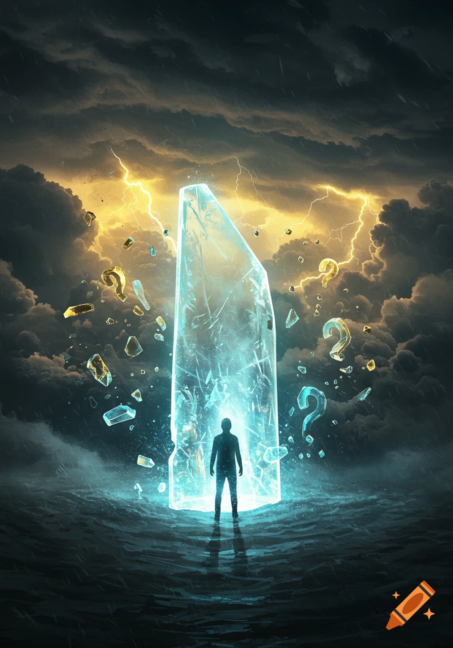 A lone silhouette stands before a glowing, shattered crystal monolith amidst a stormy landscape with lightning and floating question marks.