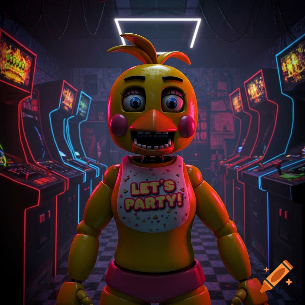 Toy Chica animatronic in a neon-lit arcade filled with glowing arcade machines.
