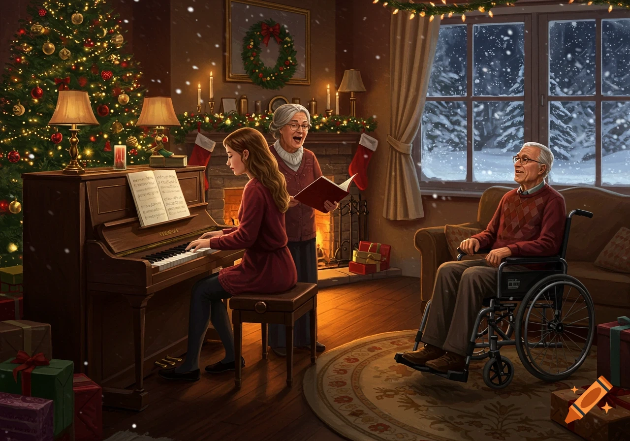 A young woman plays piano while an older woman sings, and a man in a wheelchair listens in a cozy, snow-covered Christmas living room.