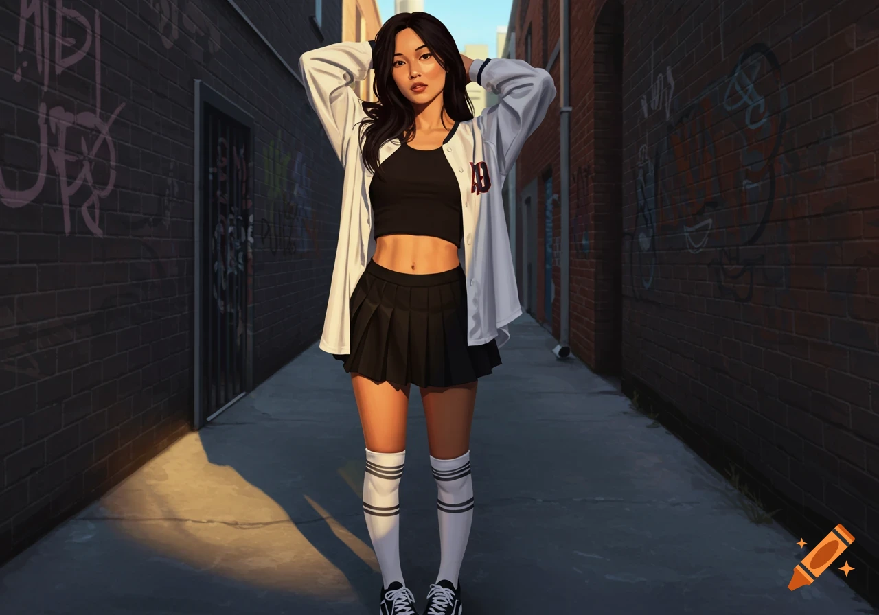 A girl in a black crop top, pleated skirt, white baseball jersey, and knee socks poses in an urban alleyway.