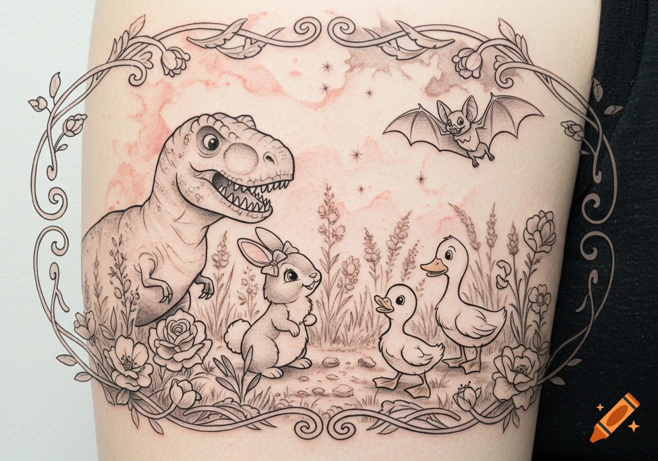 Black and grey tattoo of a whimsical nature scene featuring a T-Rex, bunny, two ducks, and a bat, framed by vines.