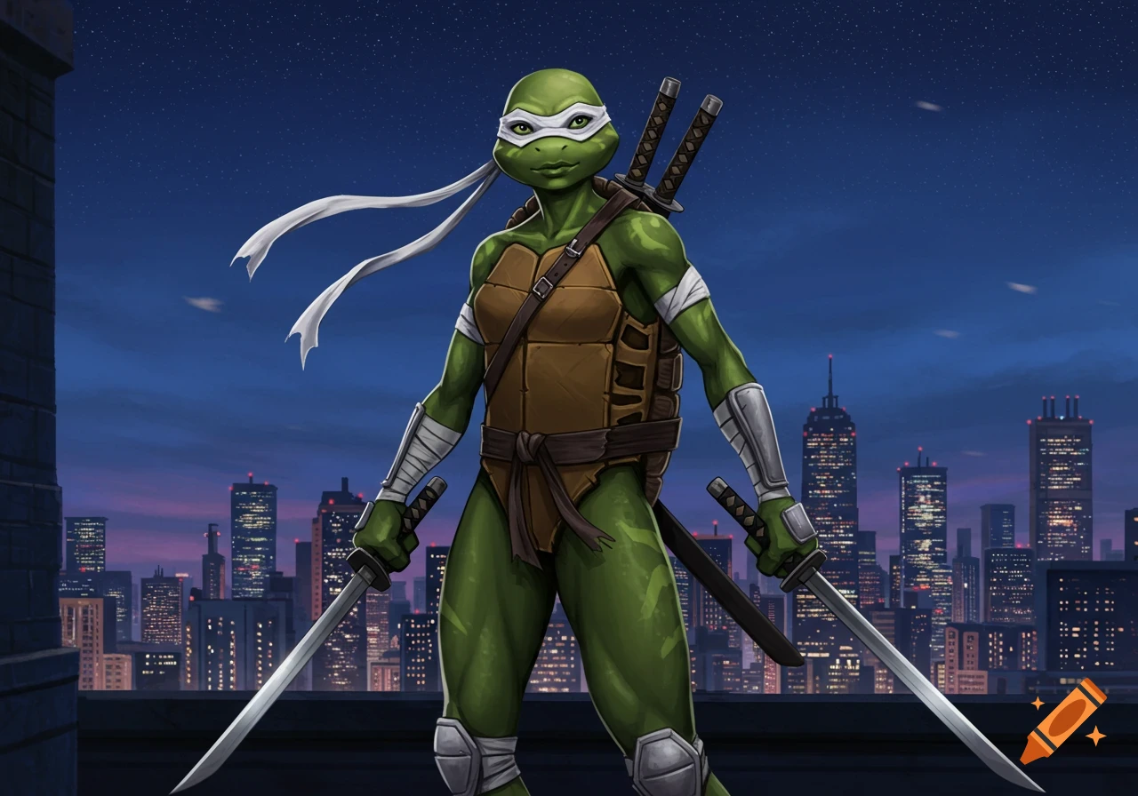 A green mutant ninja turtle in a white mask, holding katanas, stands on a rooftop overlooking a city at night.