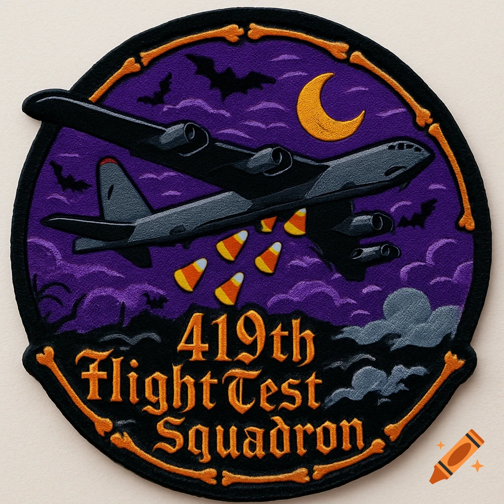 An embroidered Halloween-themed patch with a B-52 bomber dropping candy corn, bats, a moon, and '419th Flight Test Squadron' text.