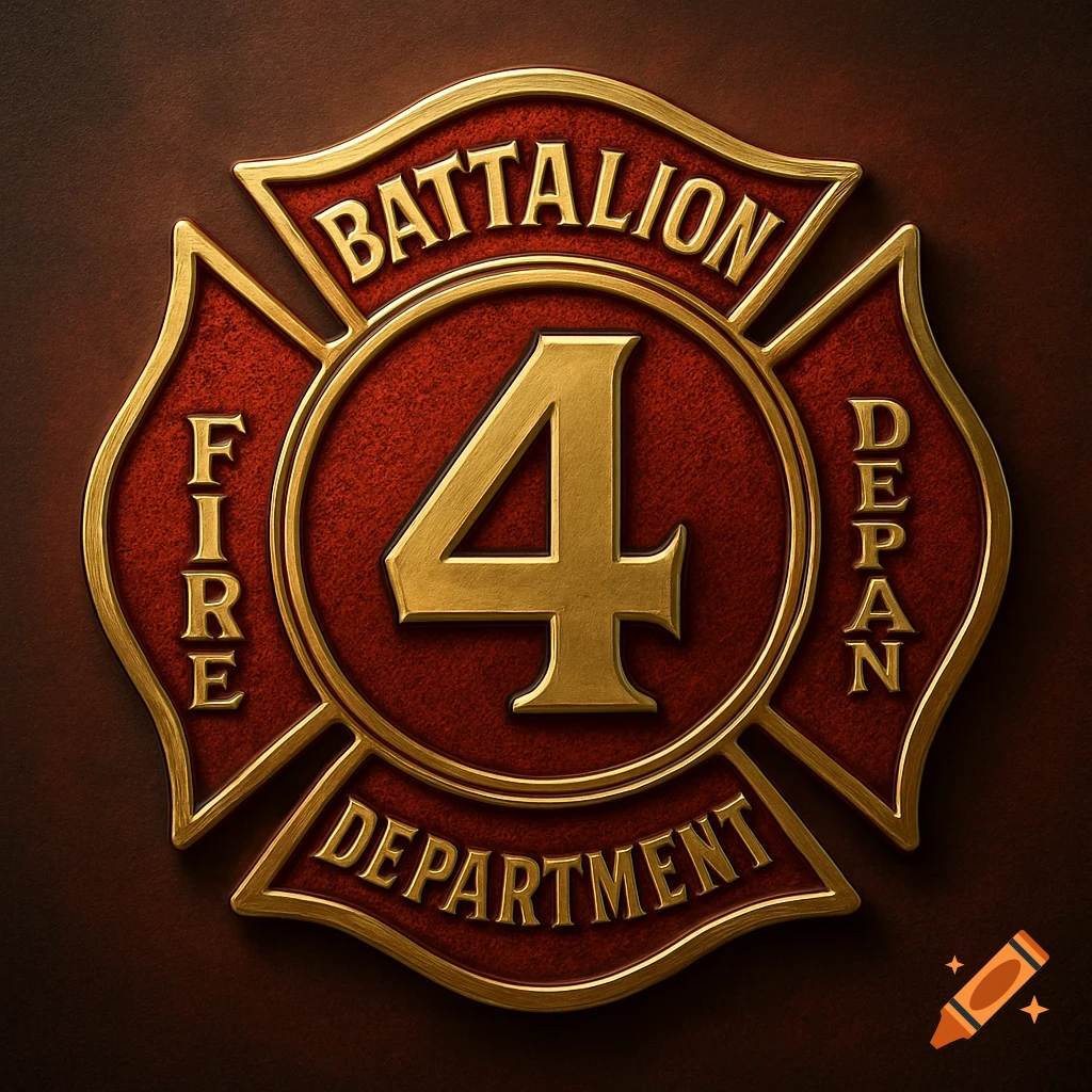 A metallic gold and red Maltese Cross emblem with the number 4 in the center and text reading 'BATTALION', 'FIRE', 'DEPAN', and 'DEPARTMENT' on its arms.