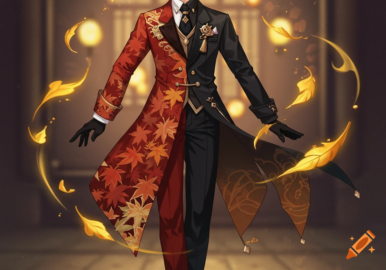 An asymmetrical men's formal outfit in Genshin Impact style, half red with maple leaves and half black, with floating golden leaves.