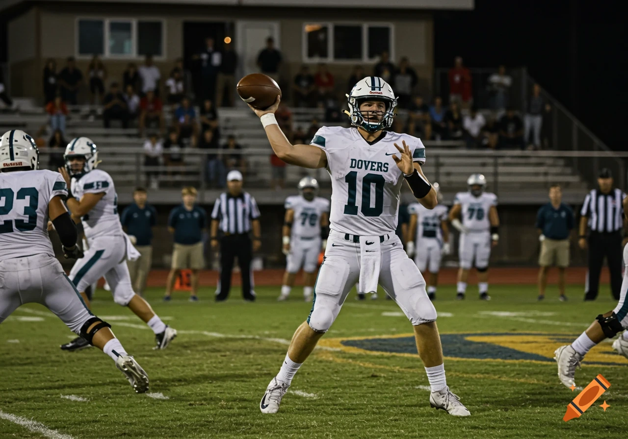 A football player in a white uniform with "DOVERS" and "10" on his jersey winds up to throw a football during a night game.