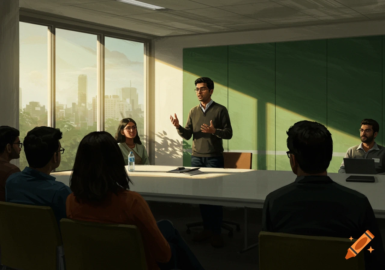 A person stands at the head of a table, speaking to a group of people seated in a sunlit modern conference room with a city view.