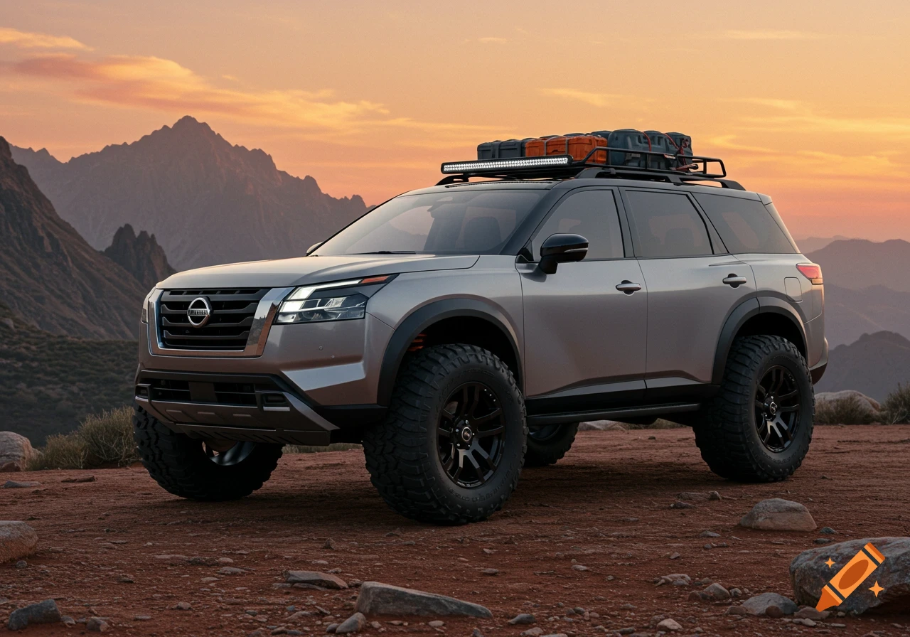 A silver Nissan Pathfinder overlander with oversized tires and a roof rack, parked on a rocky desert terrain with mountains in the background at sunset.