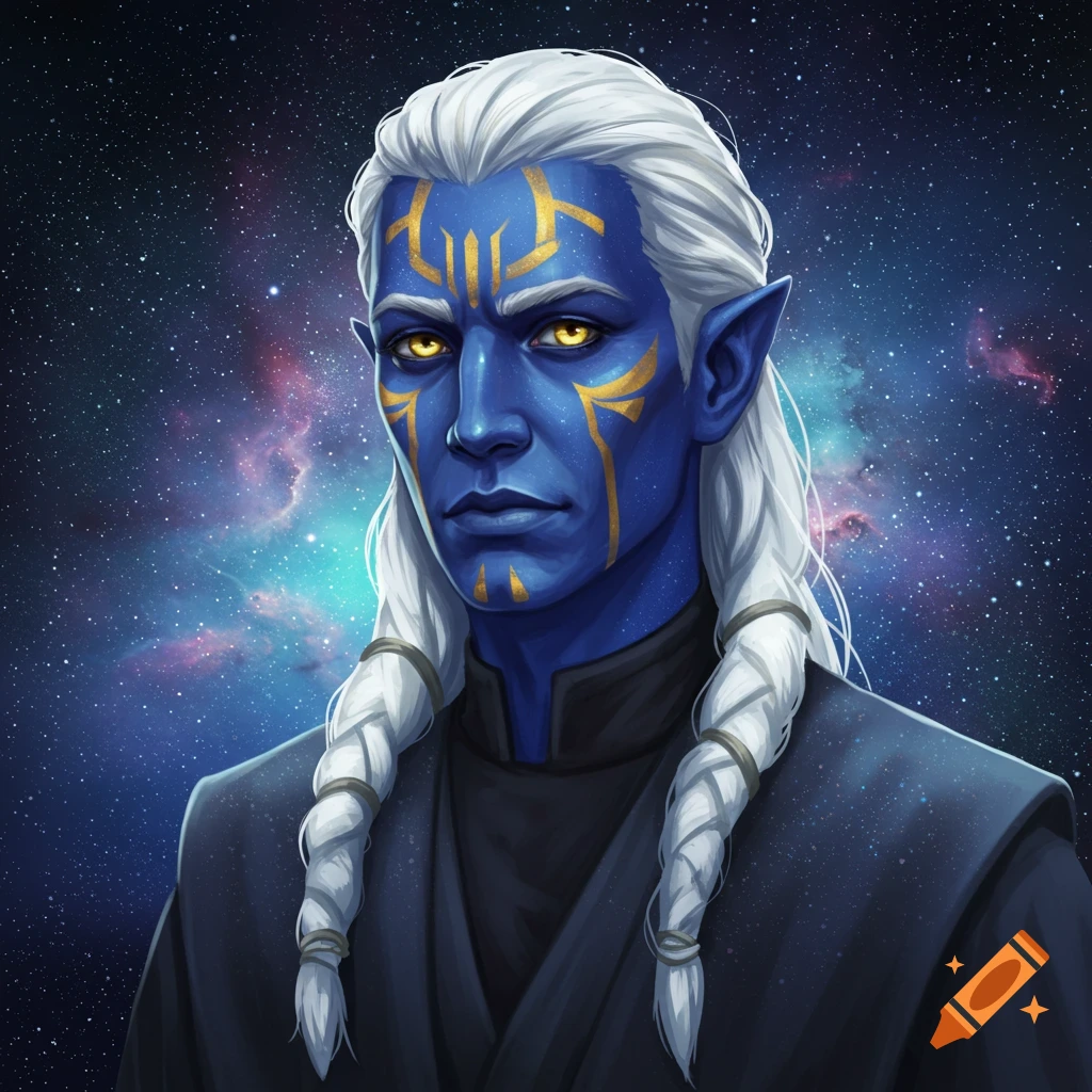 A blue-skinned male alien with yellow eyes, white braided hair, and gold facial markings against a starry space background with nebulae.