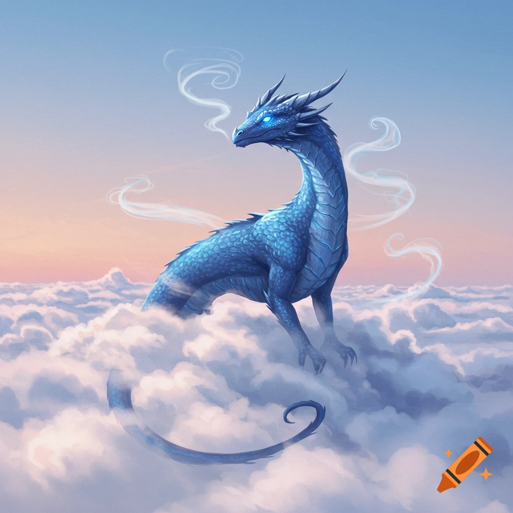 A blue scaled, blue eyed dragon with smoke coming from its nose, sitting among fluffy white clouds against a pastel sky.