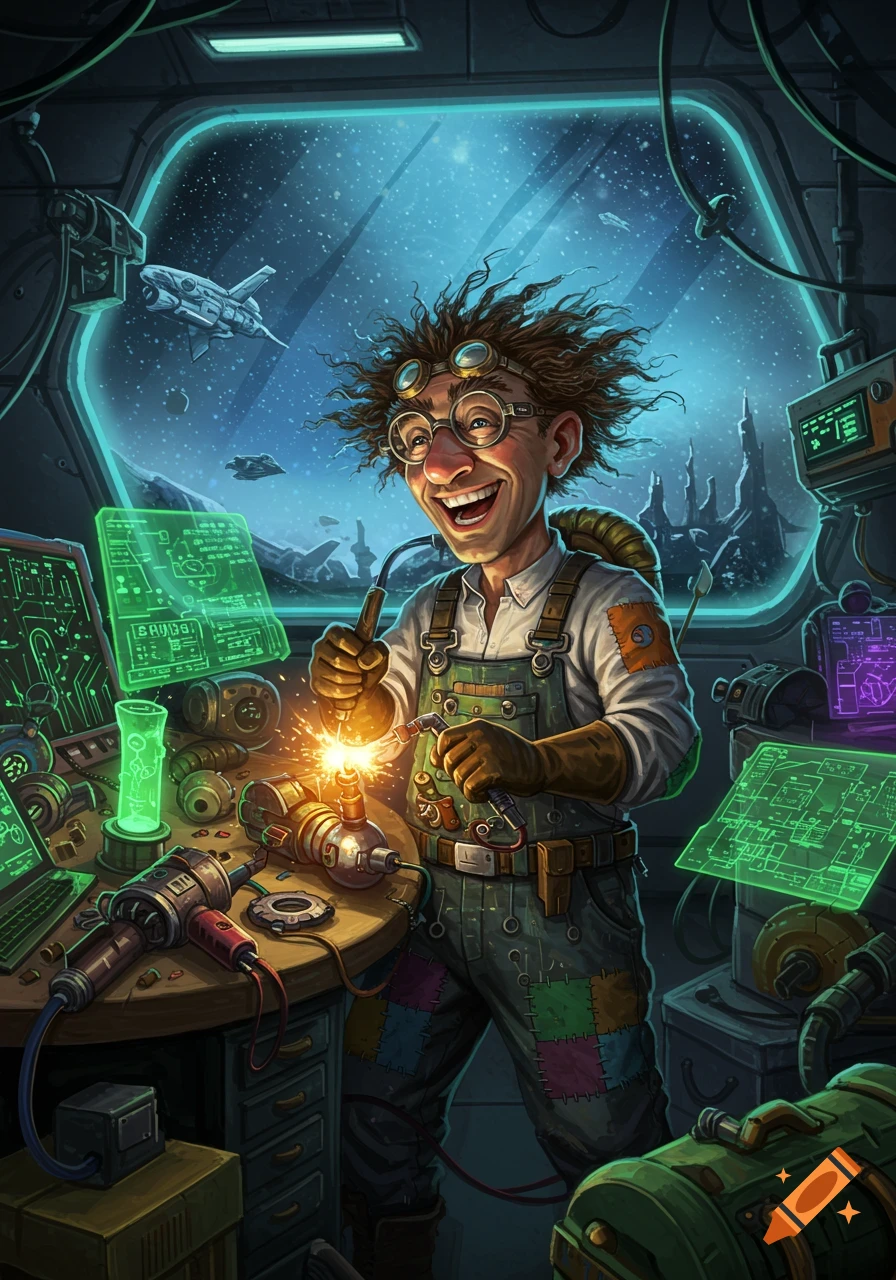 A cartoonish mad scientist with wild hair and goggles happily welds machinery in a futuristic space workshop, with planets and spaceships visible outside a large window.