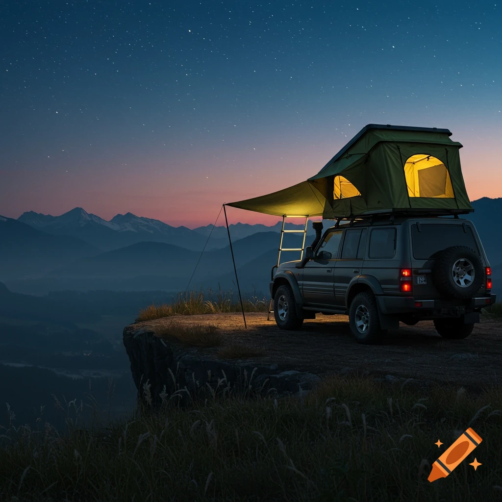 A dark gray 4x4 SUV with an illuminated green rooftop tent is parked on a cliff overlooking mountains under a starry twilight sky.