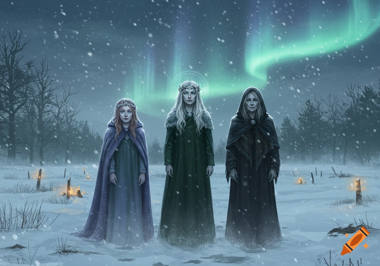 Three robed women, a Maiden, Matron, and Crone, stand in a snowy winter landscape under the northern lights.