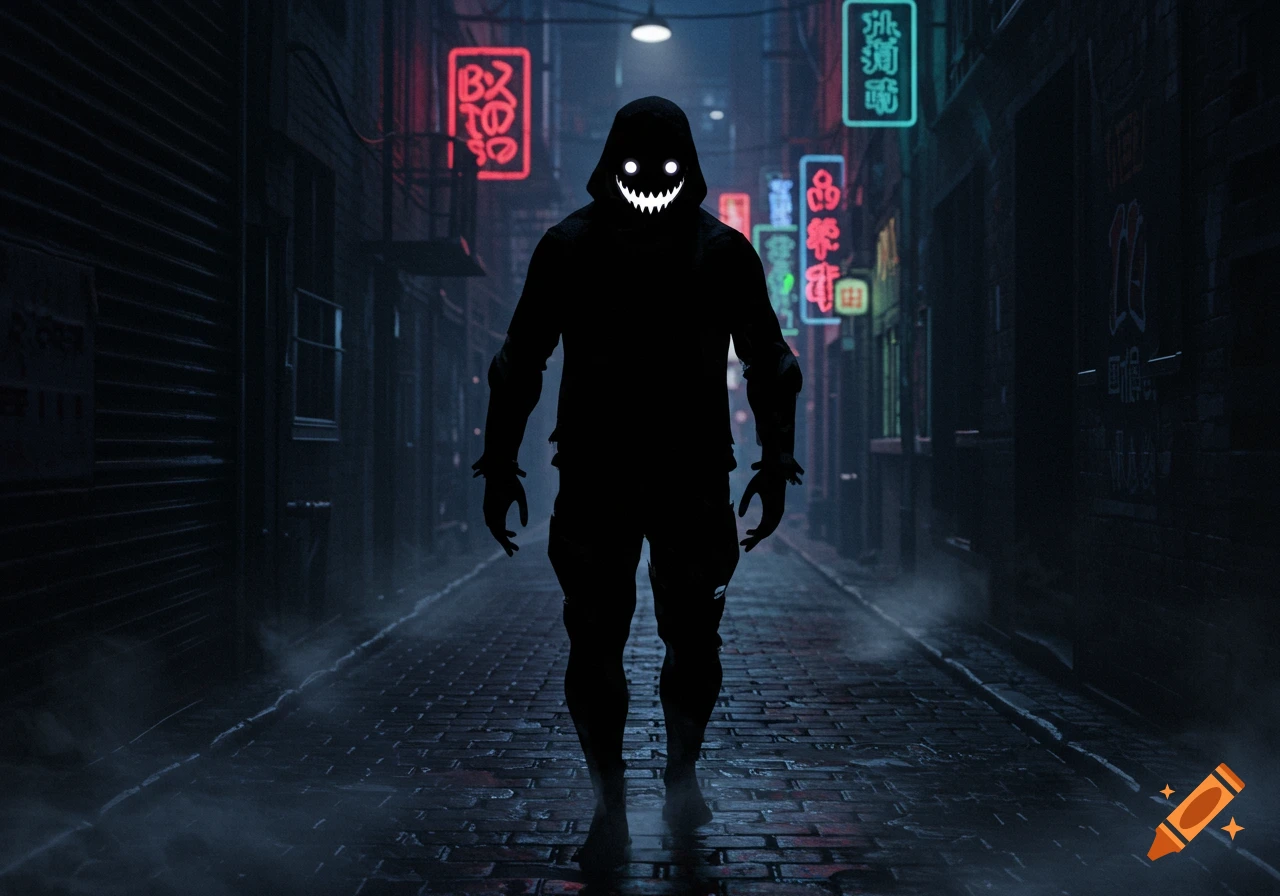 A dark, hooded figure with glowing eyes and a jagged smile stands in a misty, neon-lit alley.