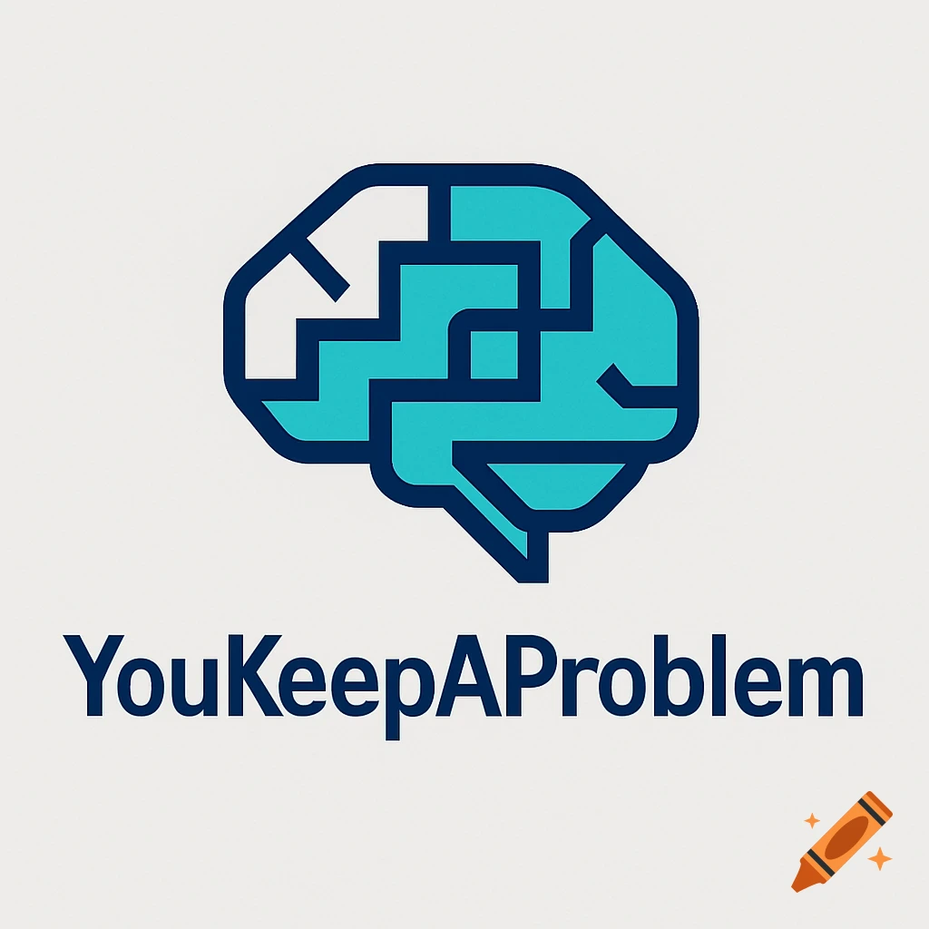 A stylized blue and white brain icon above the text 'YouKeepAProblem' on a light background.