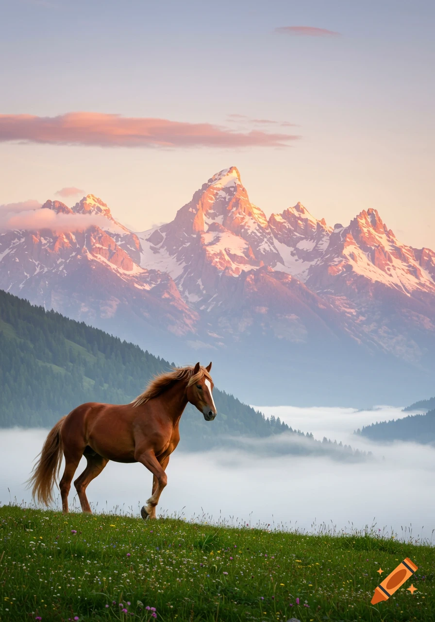 A brown horse stands in a green field with wildflowers, facing snowy mountains and a misty valley at sunrise.