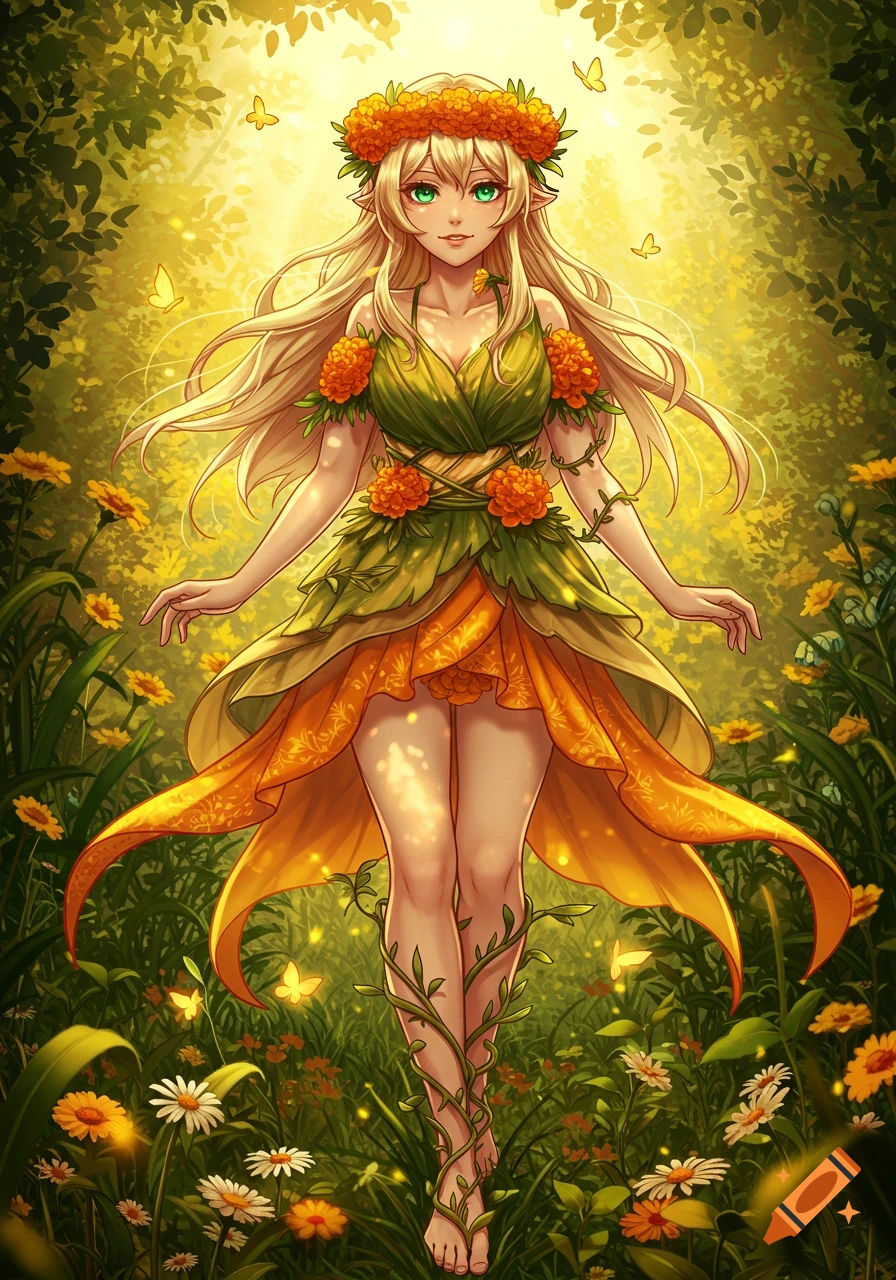 A vibrant anime goddess with blonde hair and green eyes, wearing a dress of leaves and marigolds, stands in a sunlit forest surrounded by flowers and butterflies.