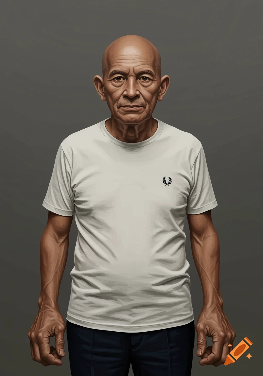 A bald, tanned old man with small eyes and large hands wears a white Fred Perry t-shirt, standing against a gray background.