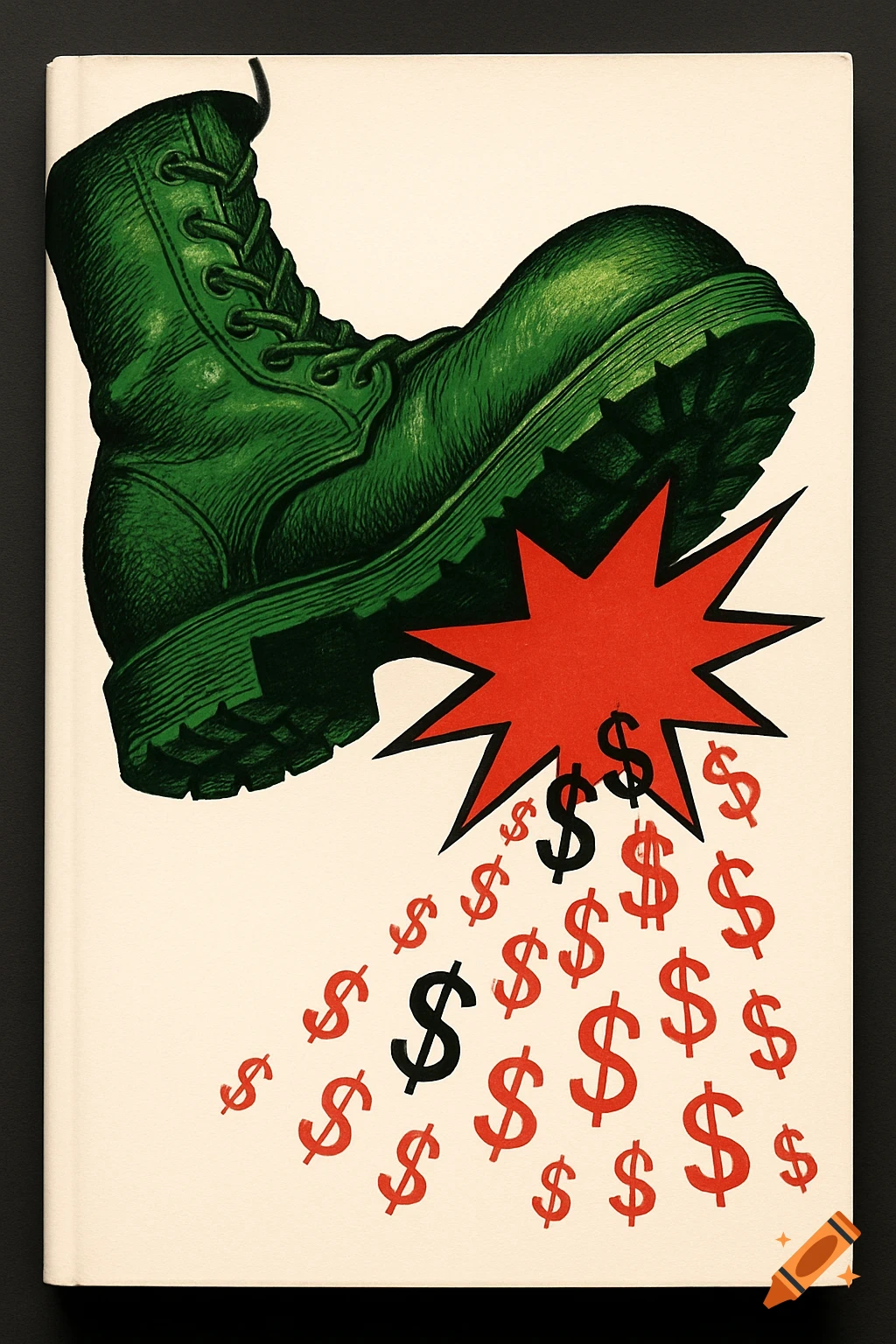 A large green boot stomps on a red explosion, with dollar signs bursting out, on a white book cover.