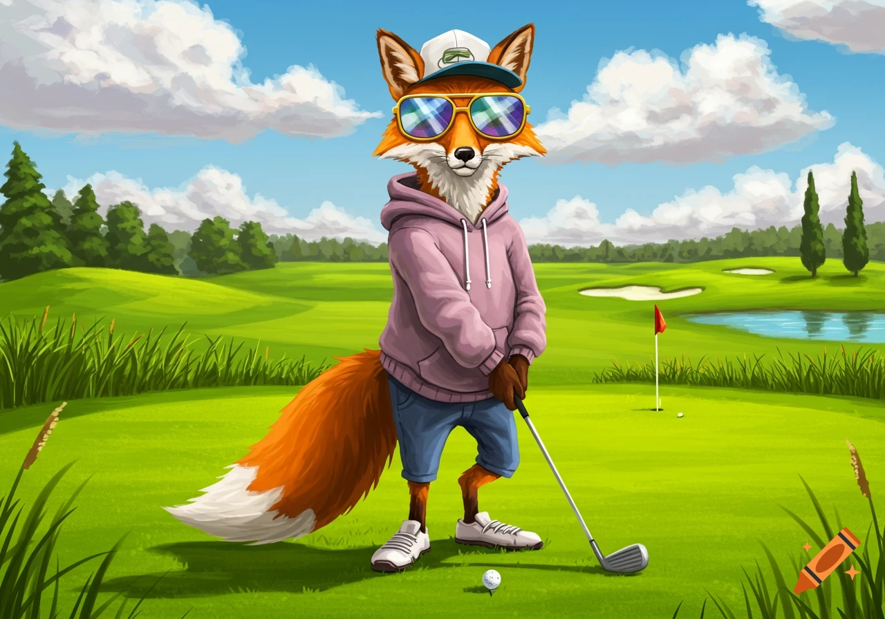 An anthropomorphic fox in a pink hoodie, shorts, sunglasses, and a cap, standing on a golf course holding a club.