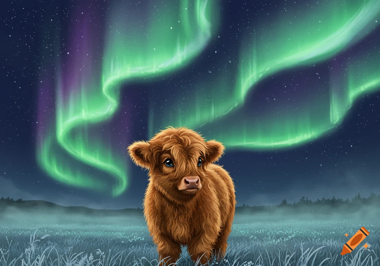 A fluffy brown baby Highland cow stands in a misty field under vibrant green and purple aurora borealis.