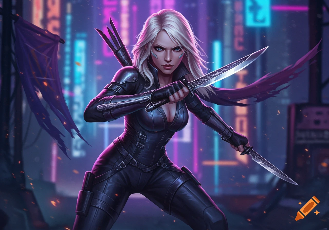 A blonde female assassin in a black suit holds two knives, standing in a neon-lit cyberpunk city.